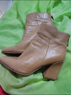 Franco Sarto Beige Pointed Toe Block Heel Ankle Boots